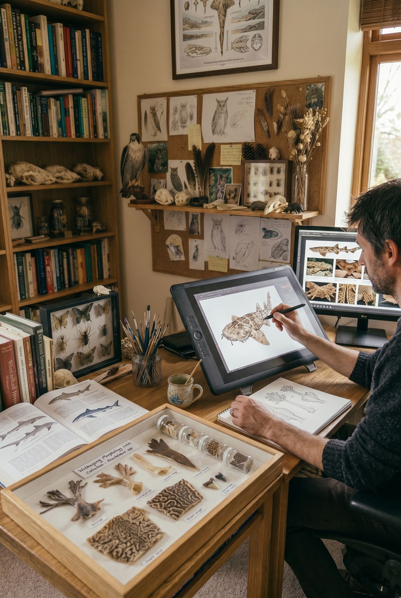 The atelier — illustrator at work amongst specimens and references
